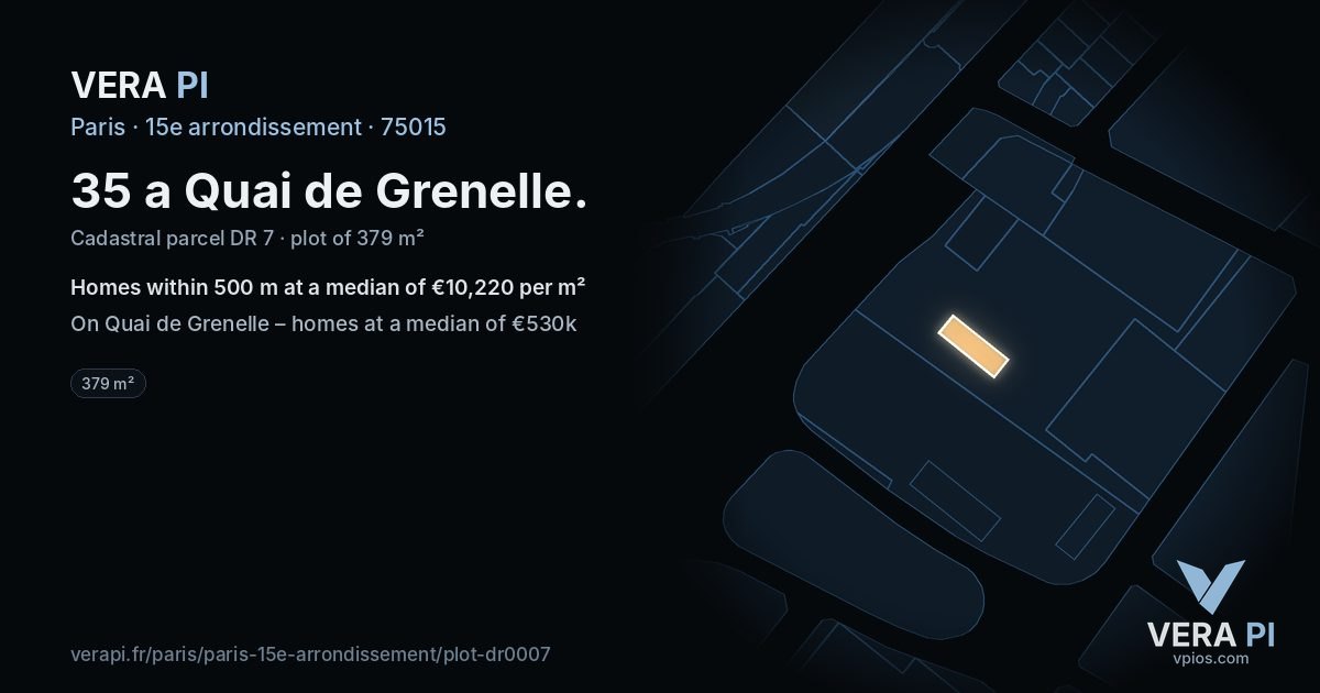 35 a Quai de Grenelle, 15e arrondissement at night – the plot lit, the parcels around coloured by the prices near them