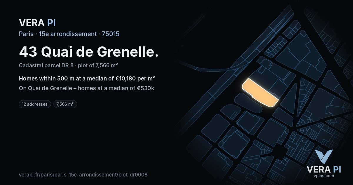 43 Quai de Grenelle, 15e arrondissement at night – the plot lit, the parcels around coloured by the prices near them