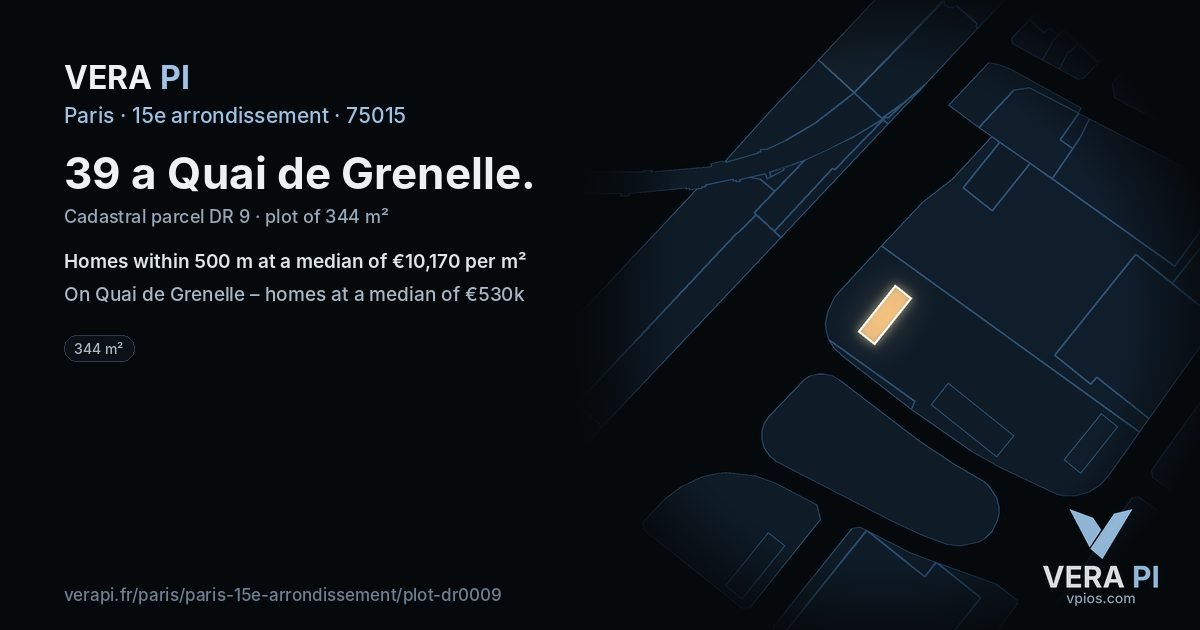 39 a Quai de Grenelle, 15e arrondissement at night – the plot lit, the parcels around coloured by the prices near them