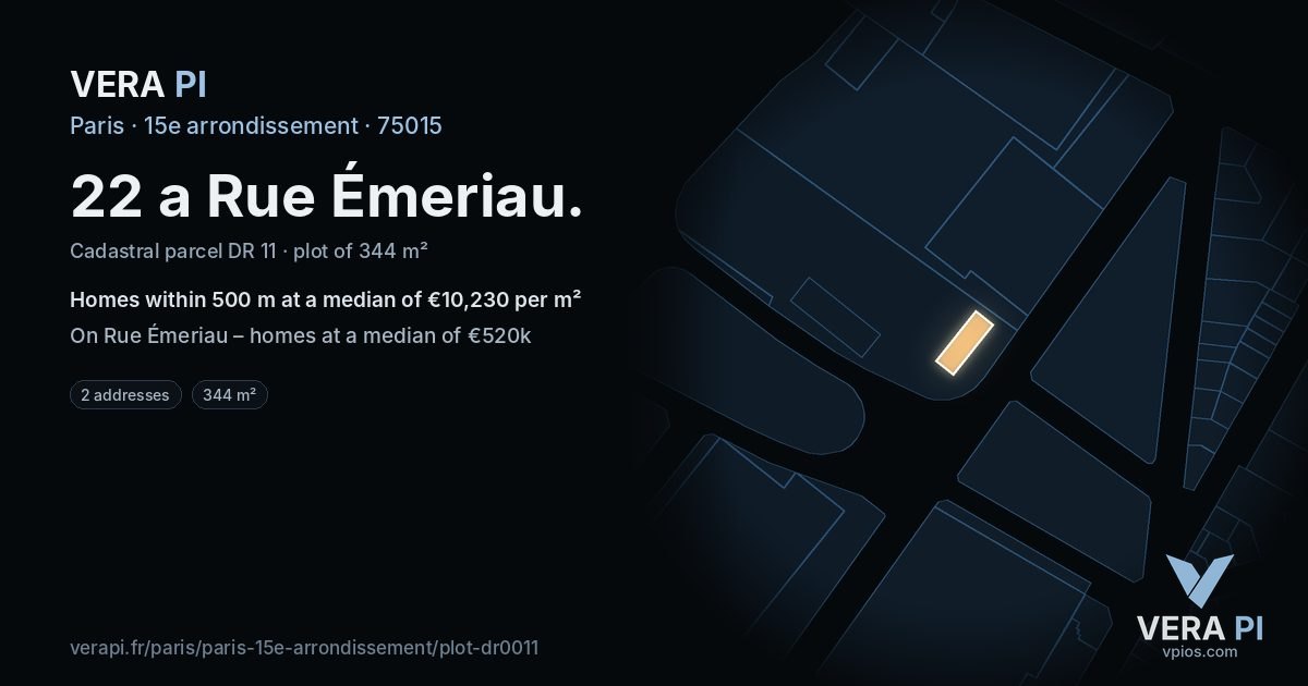 22 a Rue Émeriau, 15e arrondissement at night – the plot lit, the parcels around coloured by the prices near them