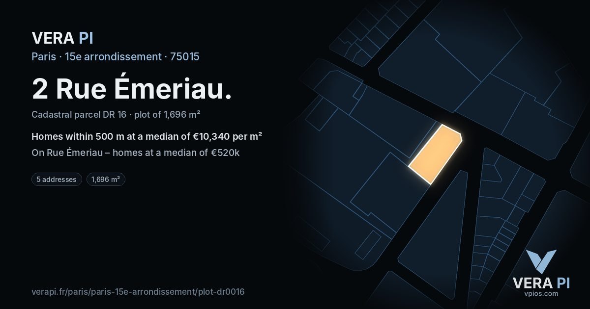 2 Rue Émeriau, 15e arrondissement at night – the plot lit, the parcels around coloured by the prices near them