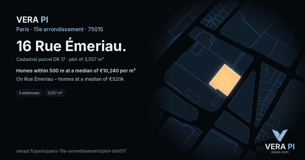 16 Rue Émeriau, 15e arrondissement at night – the plot lit, the parcels around coloured by the prices near them