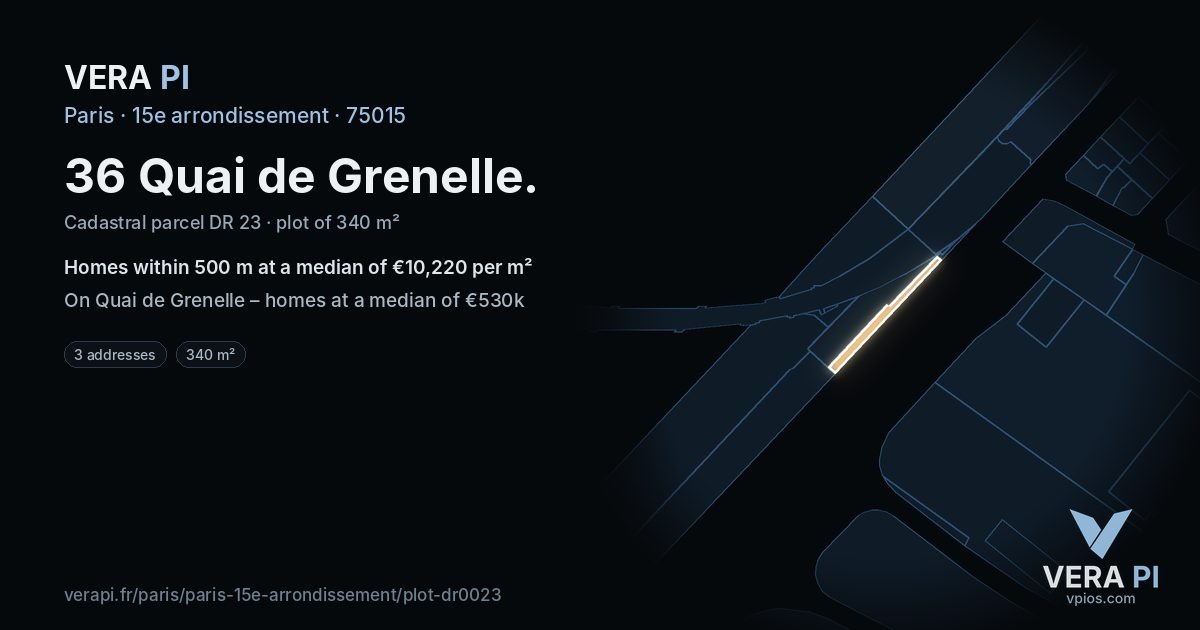 36 Quai de Grenelle, 15e arrondissement at night – the plot lit, the parcels around coloured by the prices near them