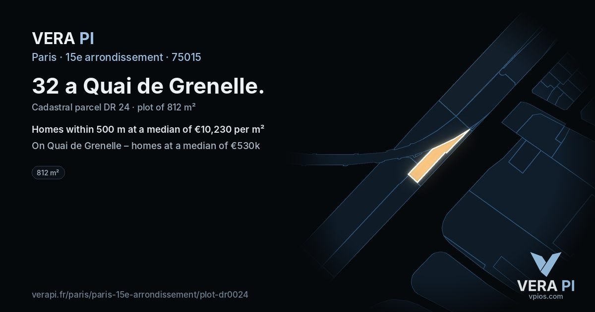 32 a Quai de Grenelle, 15e arrondissement at night – the plot lit, the parcels around coloured by the prices near them