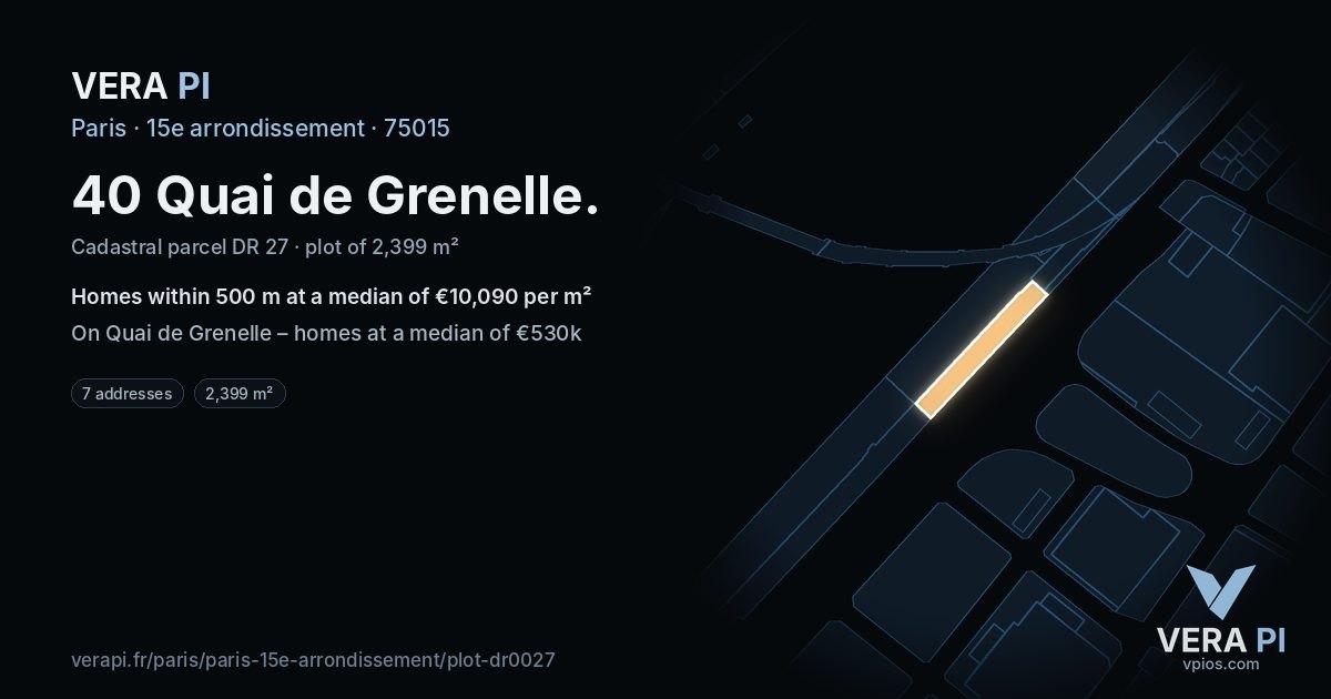 40 Quai de Grenelle, 15e arrondissement at night – the plot lit, the parcels around coloured by the prices near them