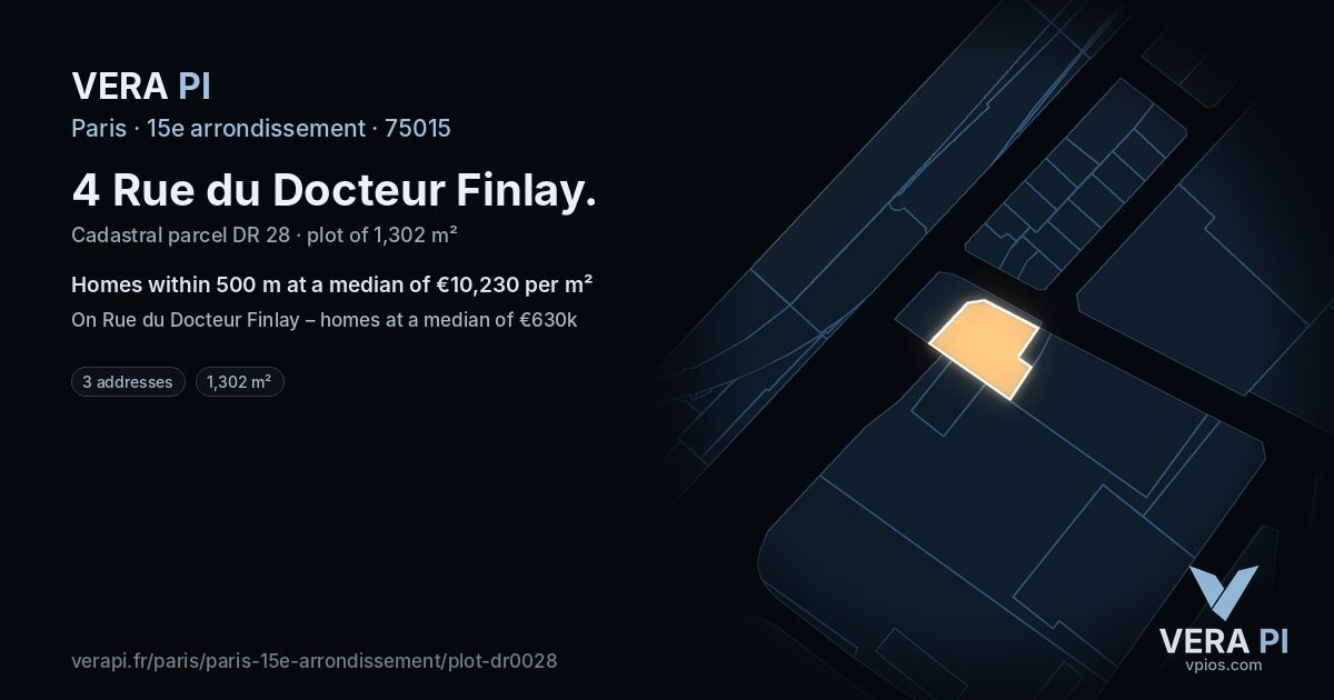 4 Rue du Docteur Finlay, 15e arrondissement at night – the plot lit, the parcels around coloured by the prices near them