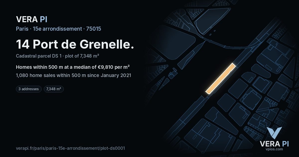14 Port de Grenelle, 15e arrondissement at night – the plot lit, the parcels around coloured by the prices near them