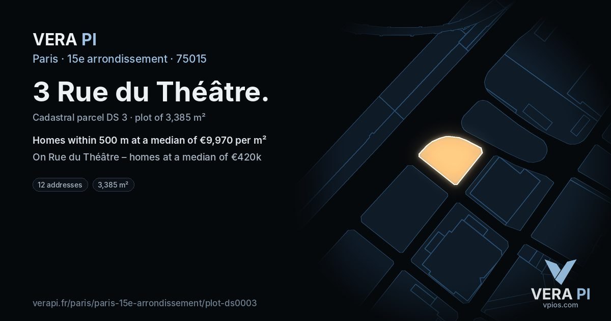 3 Rue du Théâtre, 15e arrondissement at night – the plot lit, the parcels around coloured by the prices near them