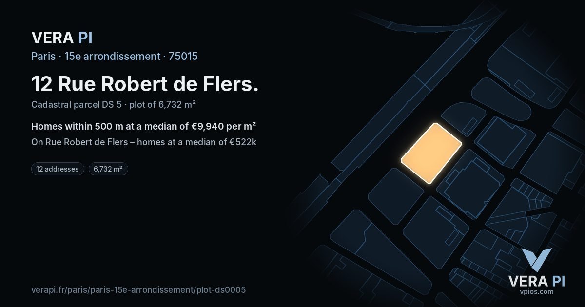 12 Rue Robert de Flers, 15e arrondissement at night – the plot lit, the parcels around coloured by the prices near them