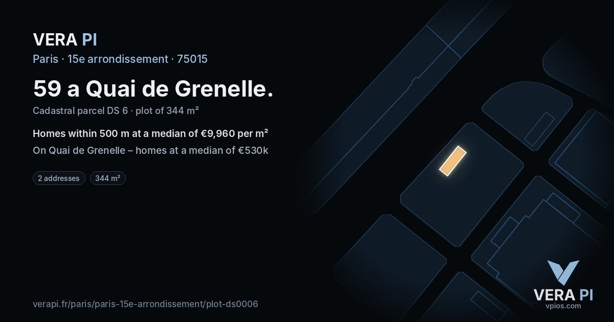 59 a Quai de Grenelle, 15e arrondissement at night – the plot lit, the parcels around coloured by the prices near them