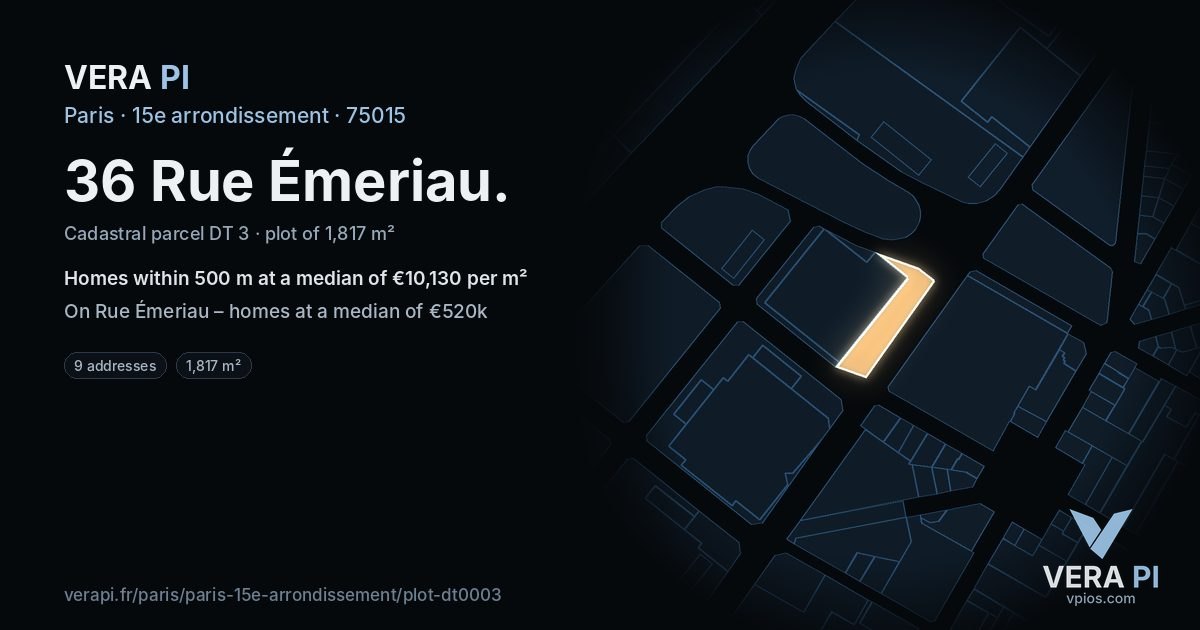 36 Rue Émeriau, 15e arrondissement at night – the plot lit, the parcels around coloured by the prices near them