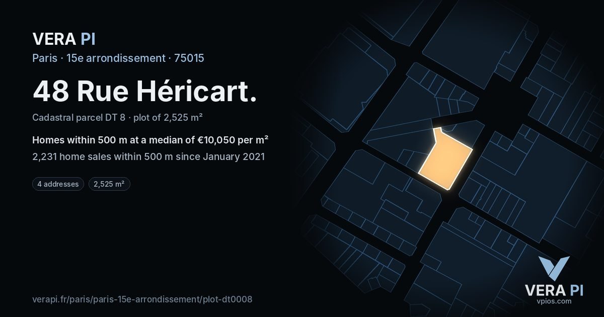 48 Rue Héricart, 15e arrondissement at night – the plot lit, the parcels around coloured by the prices near them