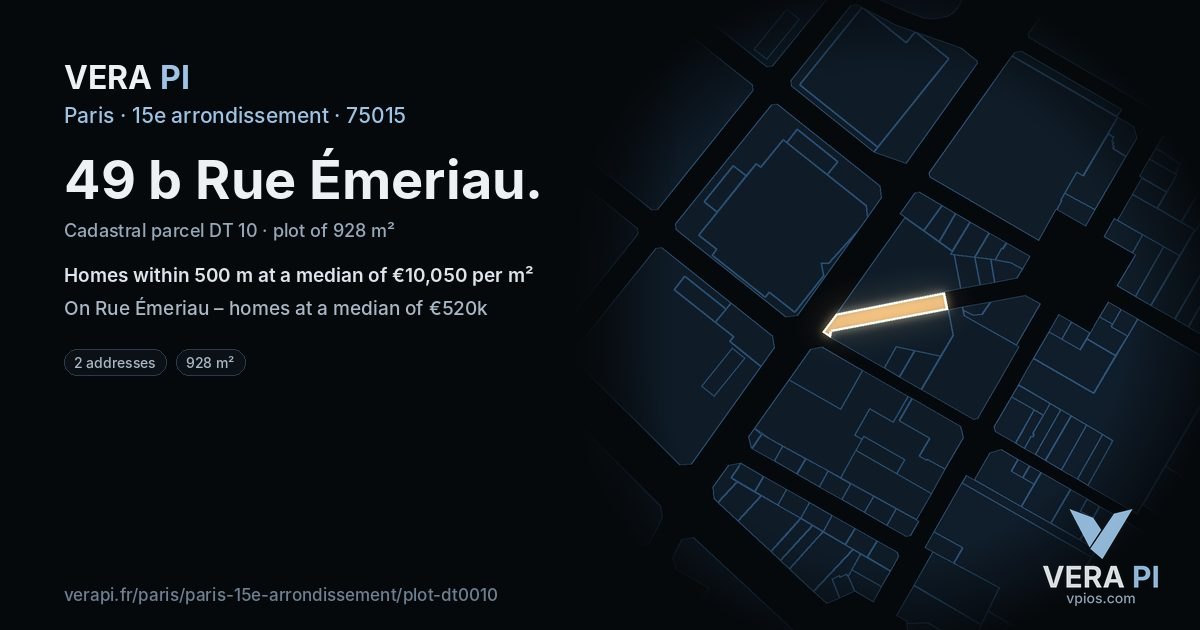 49 b Rue Émeriau, 15e arrondissement at night – the plot lit, the parcels around coloured by the prices near them