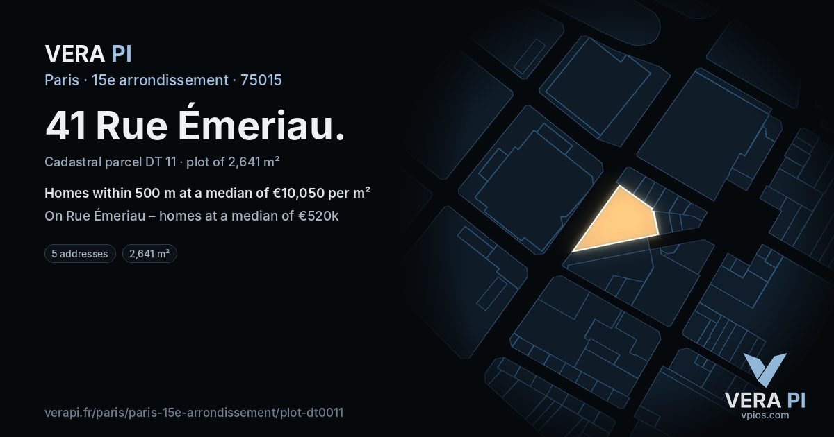 41 Rue Émeriau, 15e arrondissement at night – the plot lit, the parcels around coloured by the prices near them