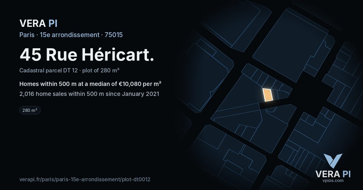 45 Rue Héricart, 15e arrondissement at night – the plot lit, the parcels around coloured by the prices near them