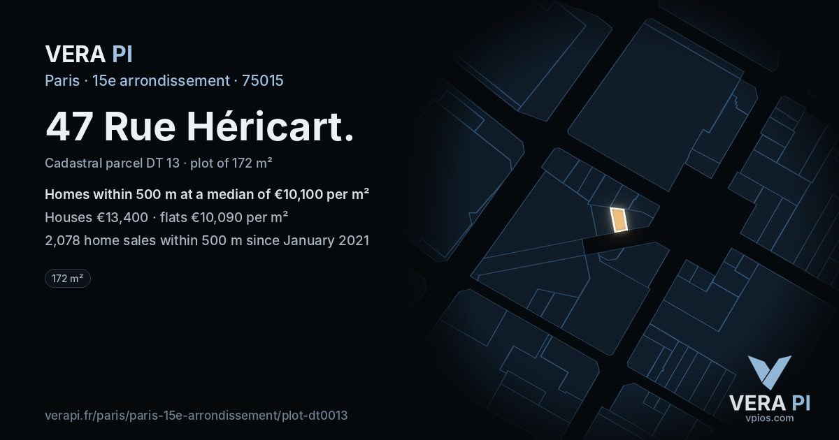 47 Rue Héricart, 15e arrondissement at night – the plot lit, the parcels around coloured by the prices near them