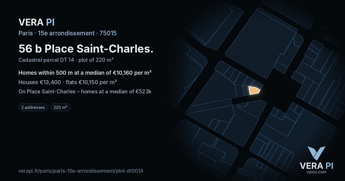 56 b Place Saint-Charles, 15e arrondissement at night – the plot lit, the parcels around coloured by the prices near them