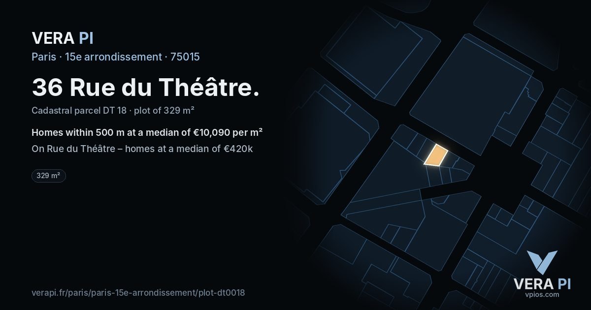36 Rue du Théâtre, 15e arrondissement at night – the plot lit, the parcels around coloured by the prices near them