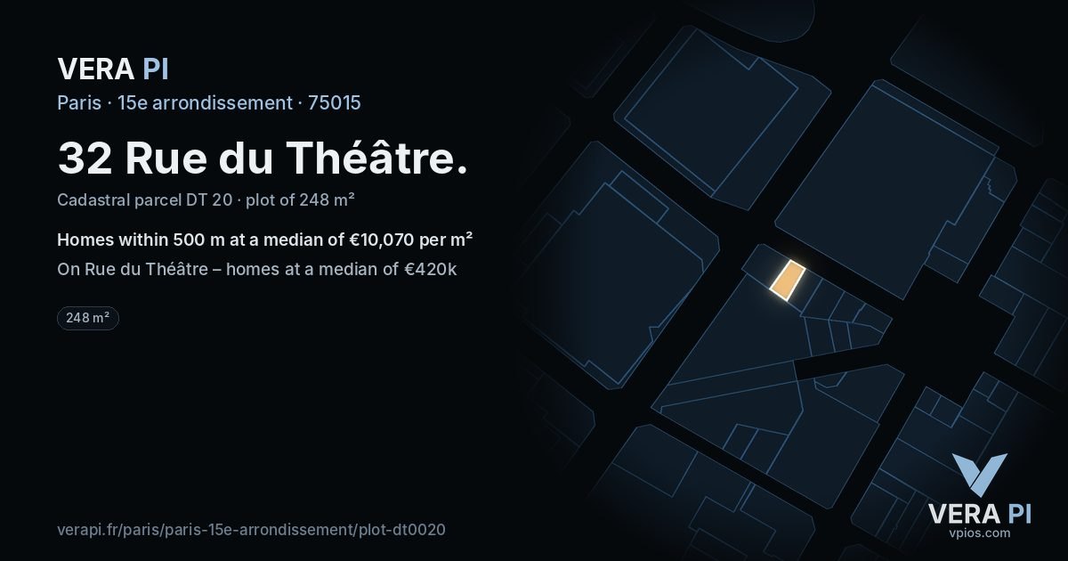 32 Rue du Théâtre, 15e arrondissement at night – the plot lit, the parcels around coloured by the prices near them