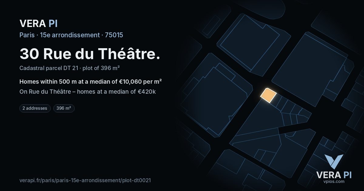 30 Rue du Théâtre, 15e arrondissement at night – the plot lit, the parcels around coloured by the prices near them