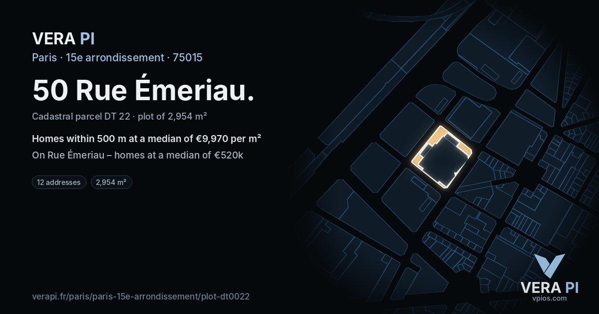 50 Rue Émeriau, 15e arrondissement at night – the plot lit, the parcels around coloured by the prices near them