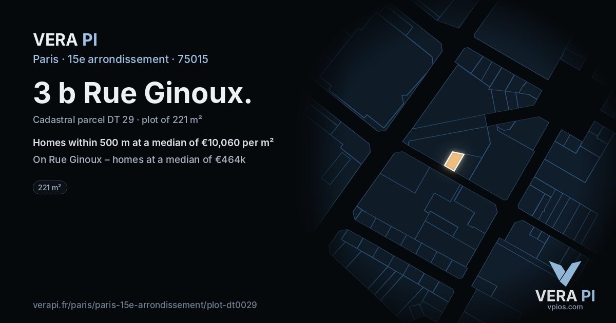 3 b Rue Ginoux, 15e arrondissement at night – the plot lit, the parcels around coloured by the prices near them