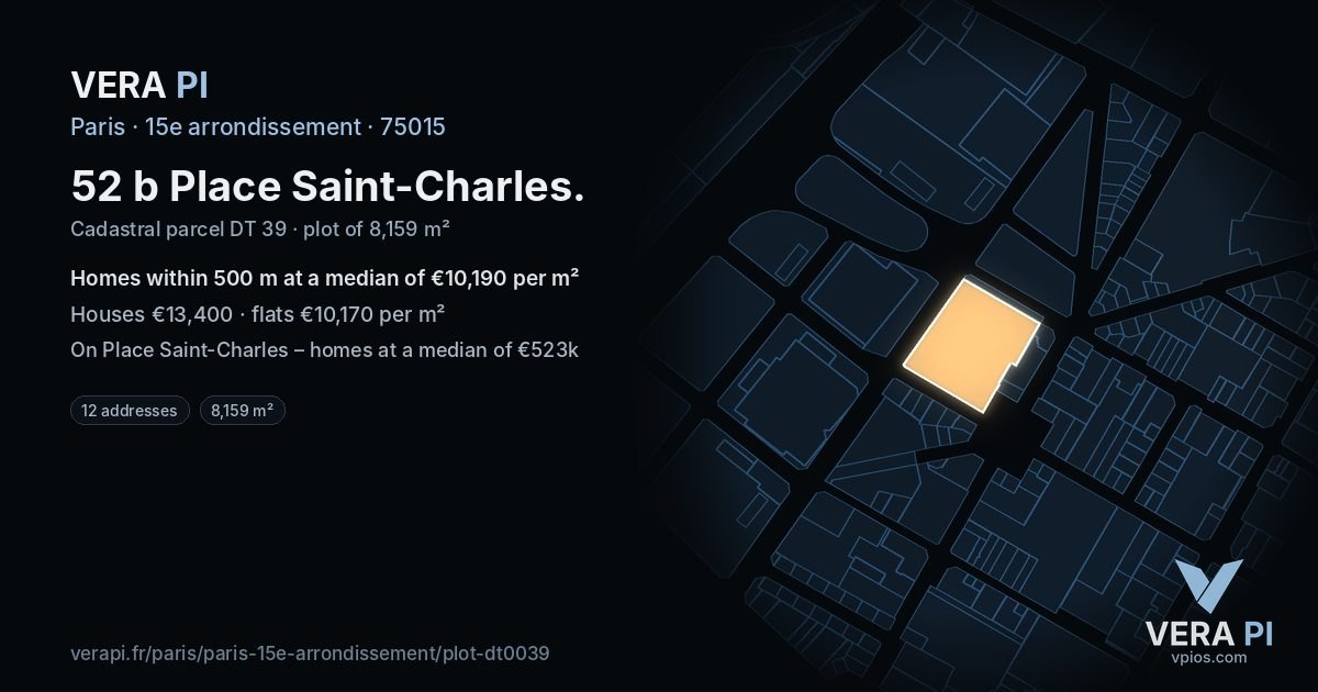 52 b Place Saint-Charles, 15e arrondissement at night – the plot lit, the parcels around coloured by the prices near them