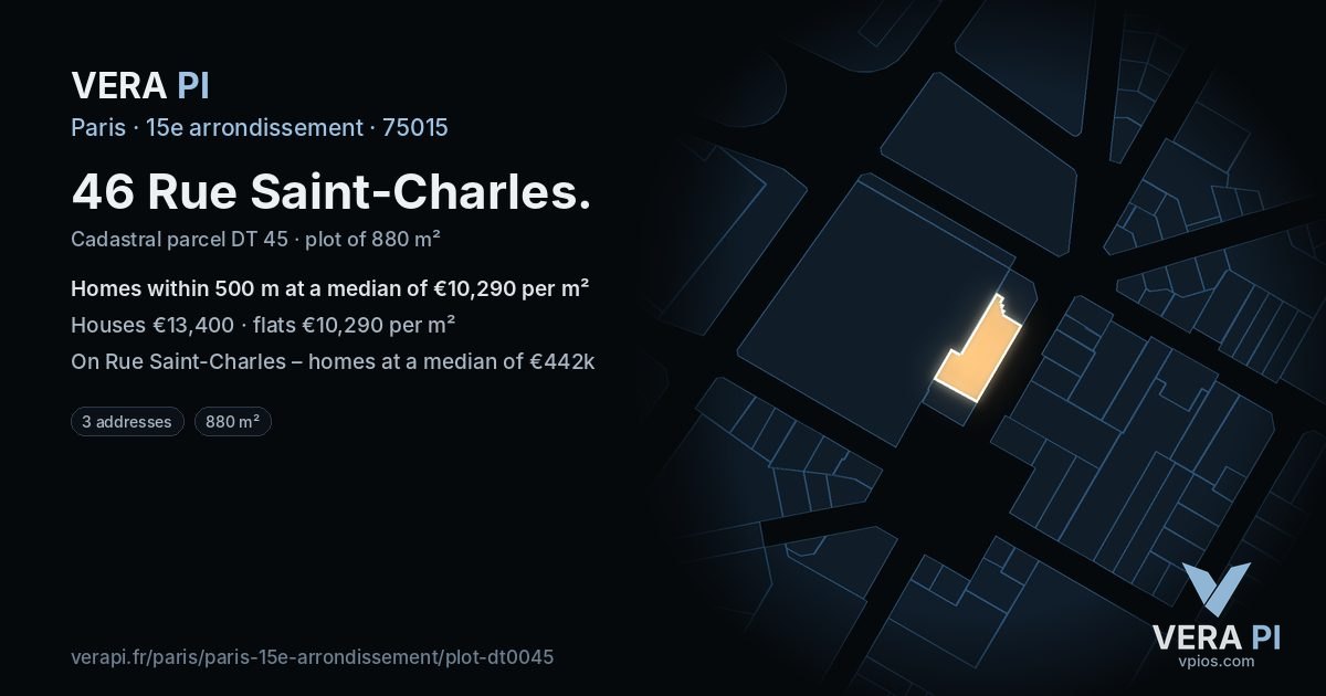46 Rue Saint-Charles, 15e arrondissement at night – the plot lit, the parcels around coloured by the prices near them