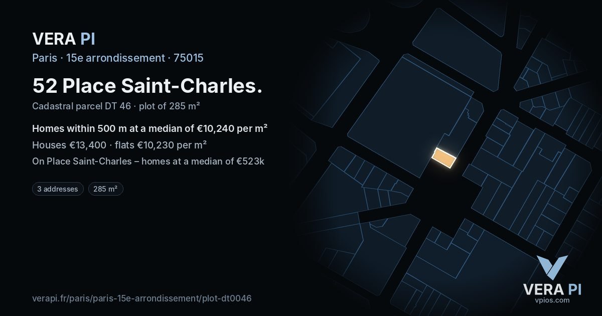 52 Place Saint-Charles, 15e arrondissement at night – the plot lit, the parcels around coloured by the prices near them