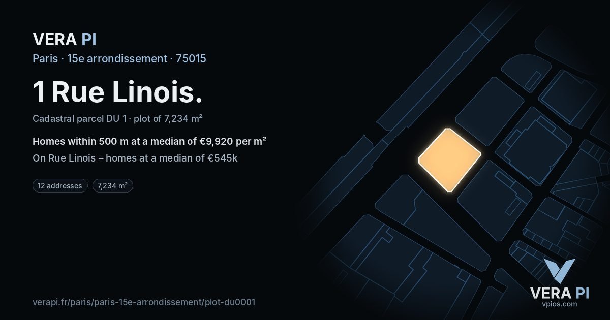 1 Rue Linois, 15e arrondissement at night – the plot lit, the parcels around coloured by the prices near them