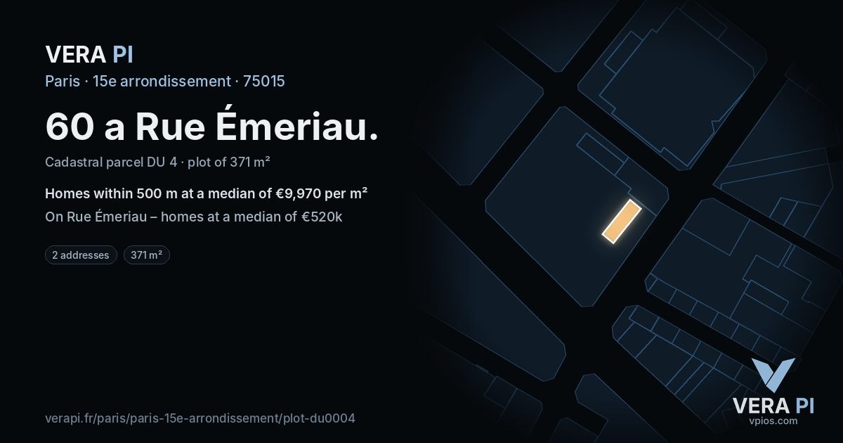 60 a Rue Émeriau, 15e arrondissement at night – the plot lit, the parcels around coloured by the prices near them