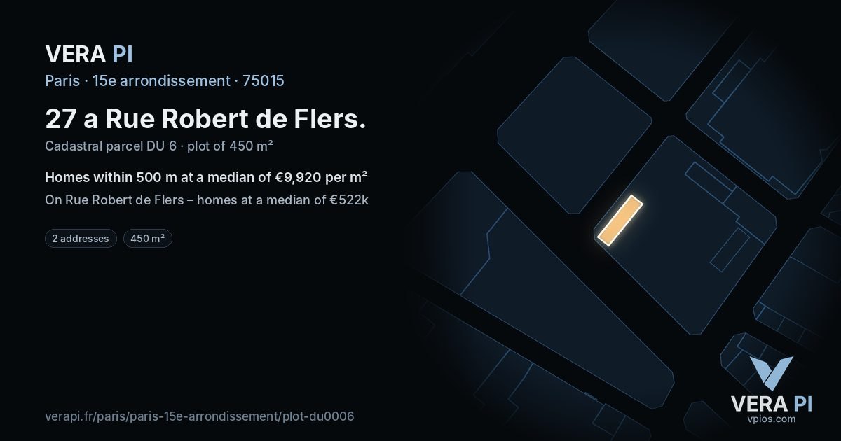 27 a Rue Robert de Flers, 15e arrondissement at night – the plot lit, the parcels around coloured by the prices near them
