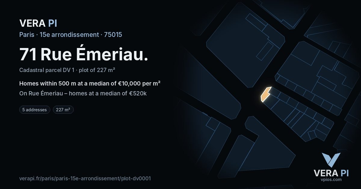 71 Rue Émeriau, 15e arrondissement at night – the plot lit, the parcels around coloured by the prices near them