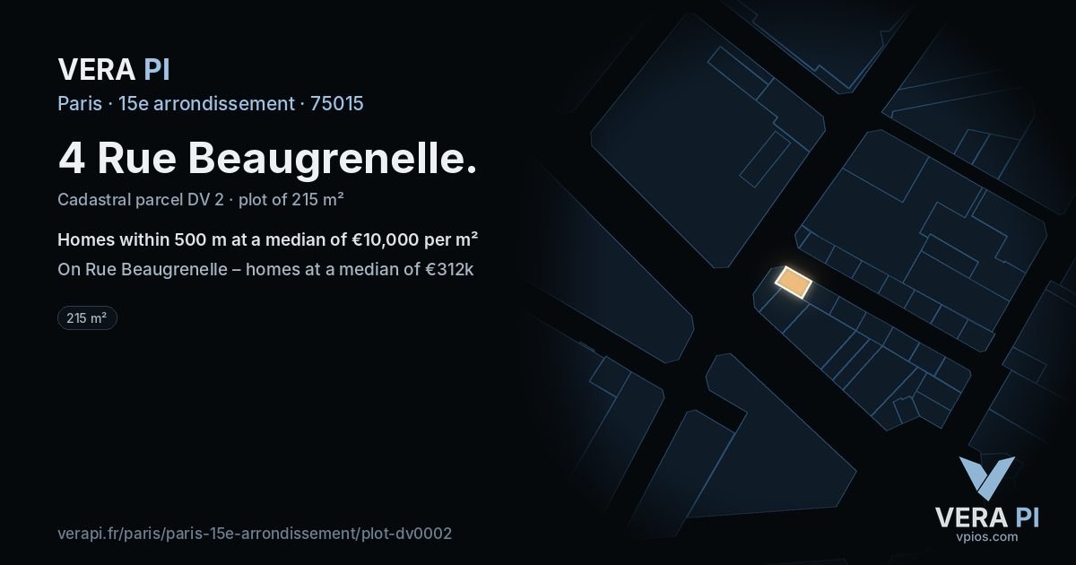 4 Rue Beaugrenelle, 15e arrondissement at night – the plot lit, the parcels around coloured by the prices near them