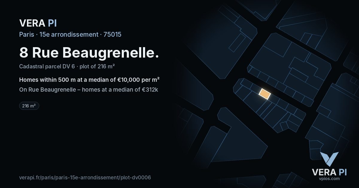 8 Rue Beaugrenelle, 15e arrondissement at night – the plot lit, the parcels around coloured by the prices near them