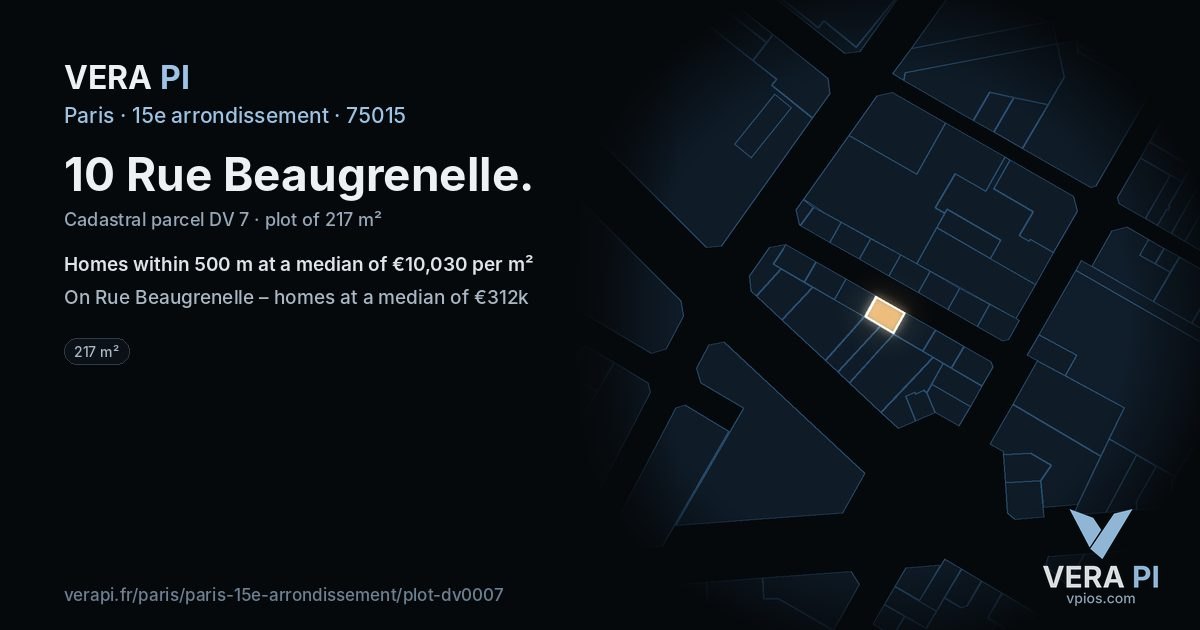 10 Rue Beaugrenelle, 15e arrondissement at night – the plot lit, the parcels around coloured by the prices near them