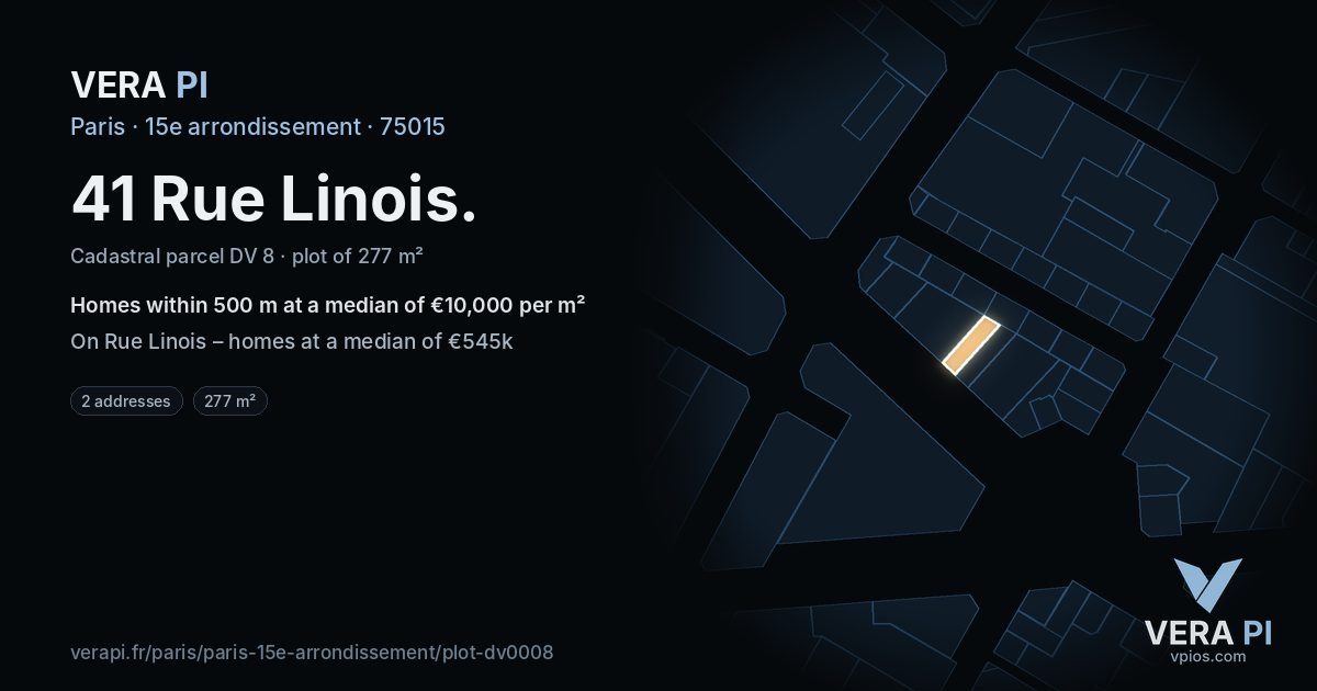 41 Rue Linois, 15e arrondissement at night – the plot lit, the parcels around coloured by the prices near them