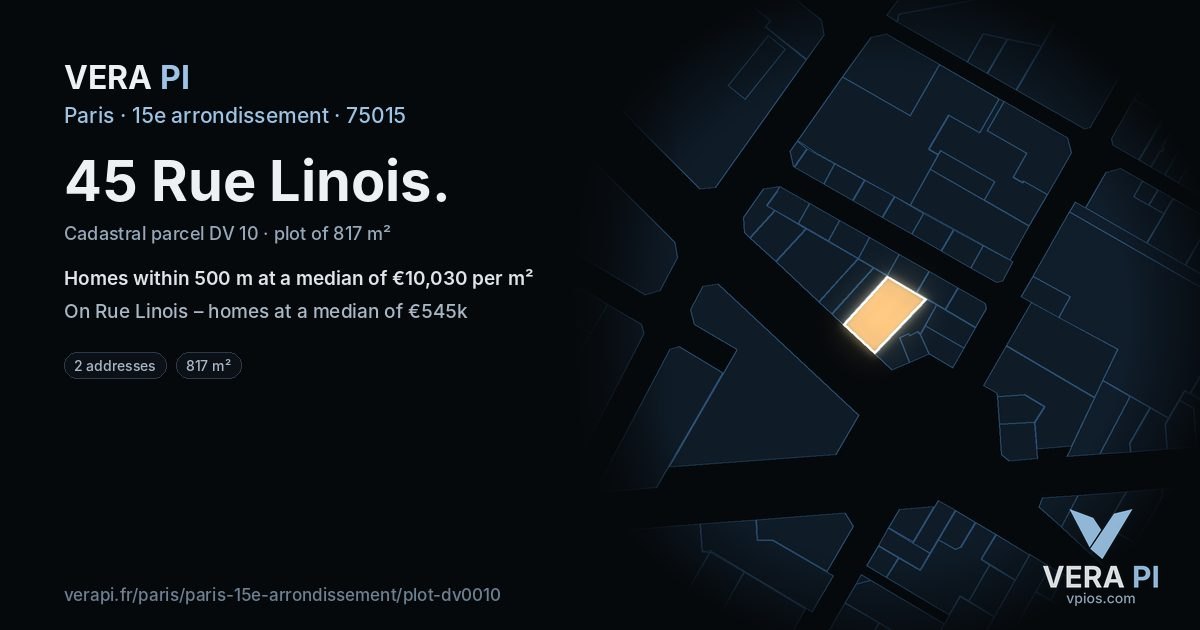45 Rue Linois, 15e arrondissement at night – the plot lit, the parcels around coloured by the prices near them