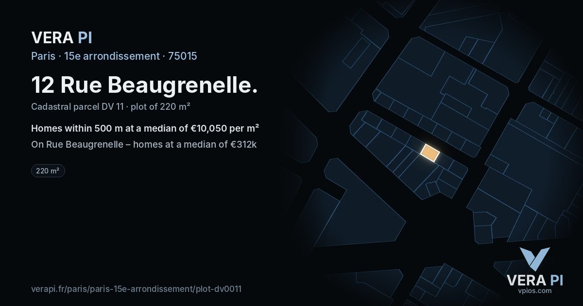 12 Rue Beaugrenelle, 15e arrondissement at night – the plot lit, the parcels around coloured by the prices near them