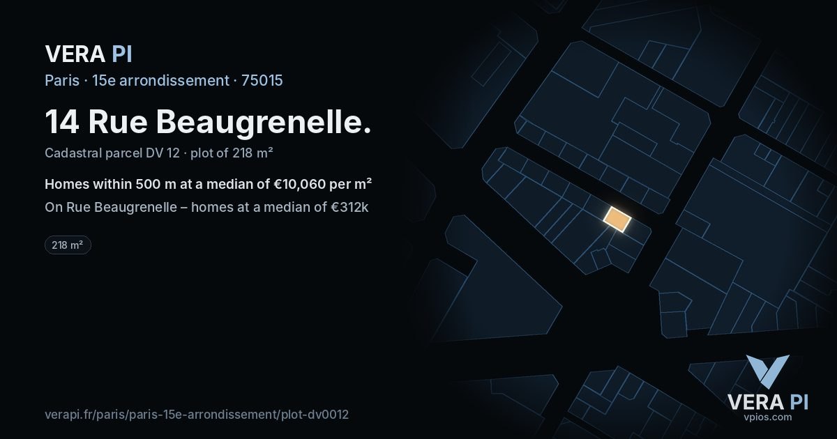 14 Rue Beaugrenelle, 15e arrondissement at night – the plot lit, the parcels around coloured by the prices near them