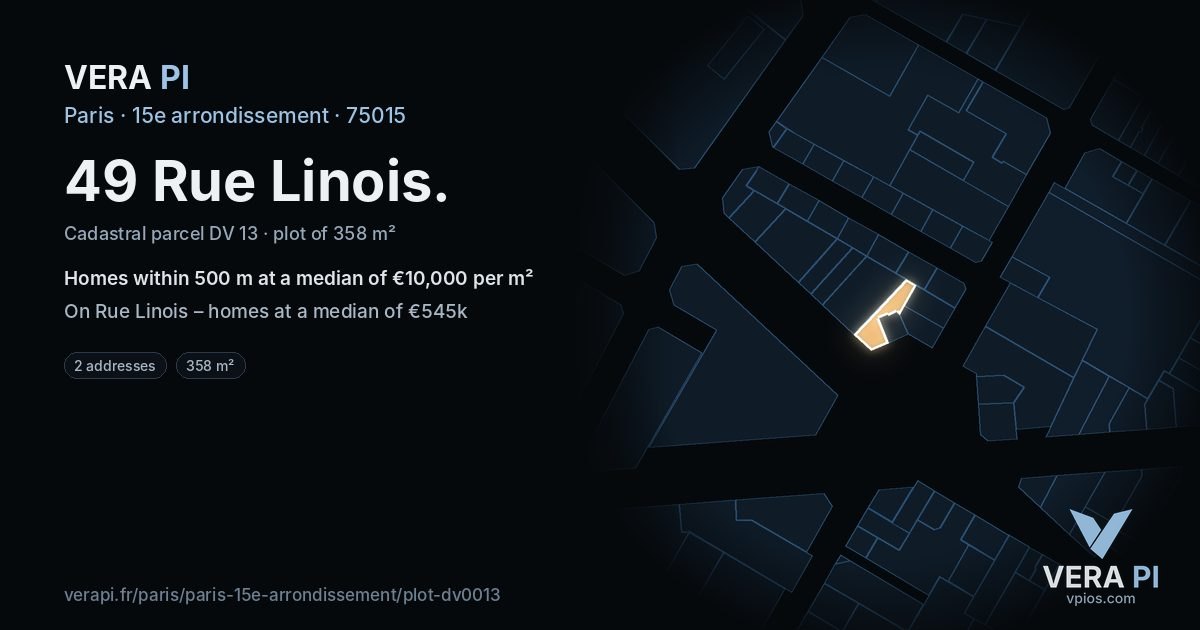 49 Rue Linois, 15e arrondissement at night – the plot lit, the parcels around coloured by the prices near them