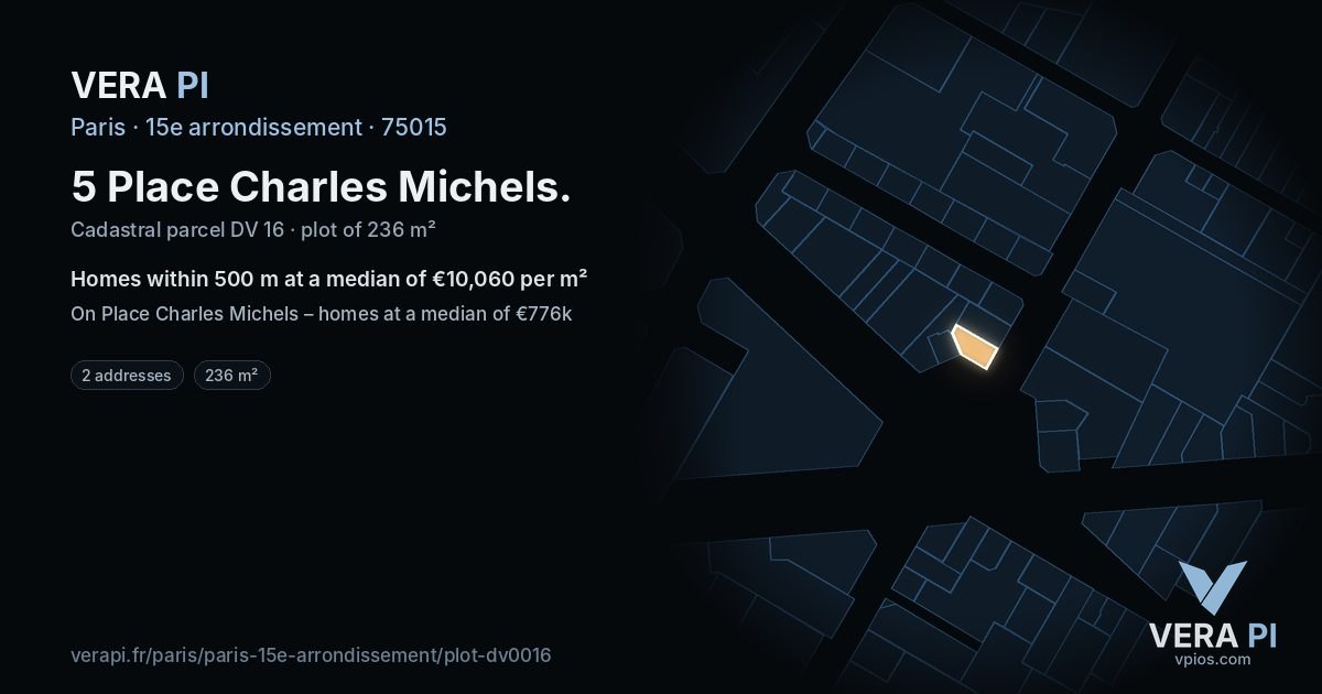 5 Place Charles Michels, 15e arrondissement at night – the plot lit, the parcels around coloured by the prices near them