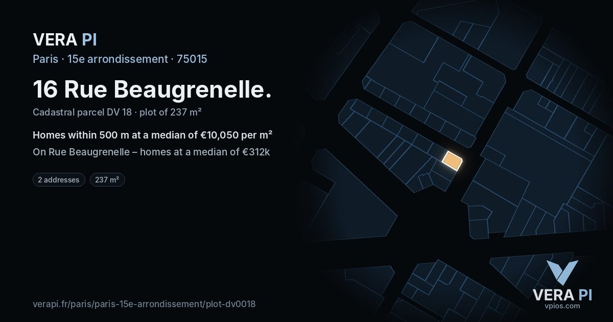 16 Rue Beaugrenelle, 15e arrondissement at night – the plot lit, the parcels around coloured by the prices near them