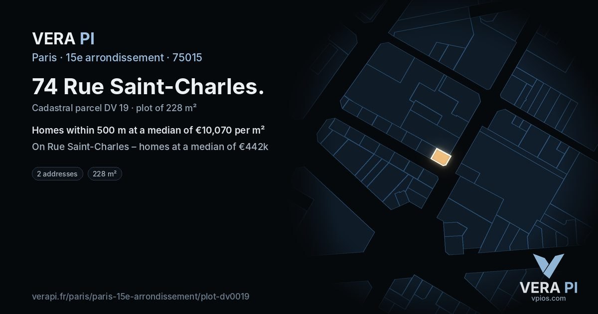74 Rue Saint-Charles, 15e arrondissement at night – the plot lit, the parcels around coloured by the prices near them