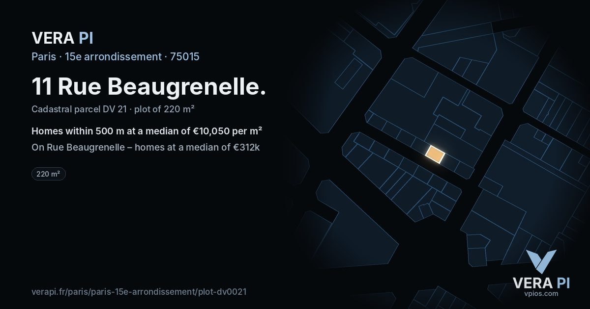 11 Rue Beaugrenelle, 15e arrondissement at night – the plot lit, the parcels around coloured by the prices near them