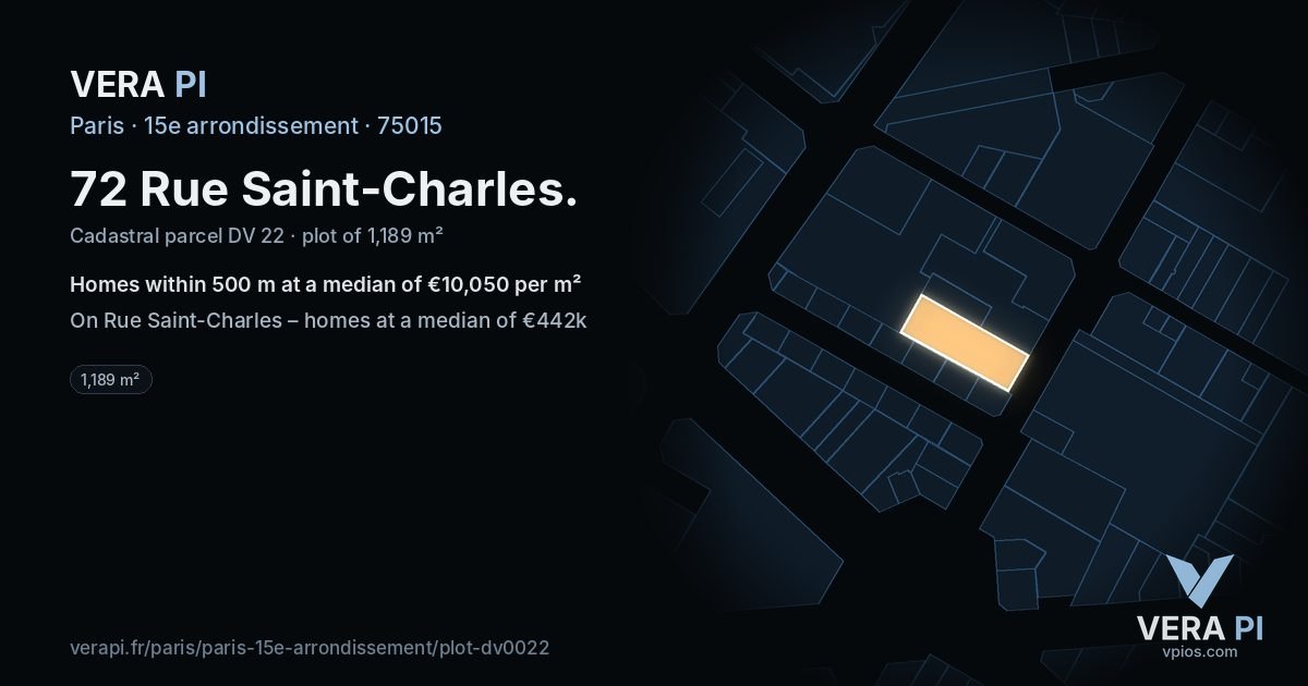 72 Rue Saint-Charles, 15e arrondissement at night – the plot lit, the parcels around coloured by the prices near them