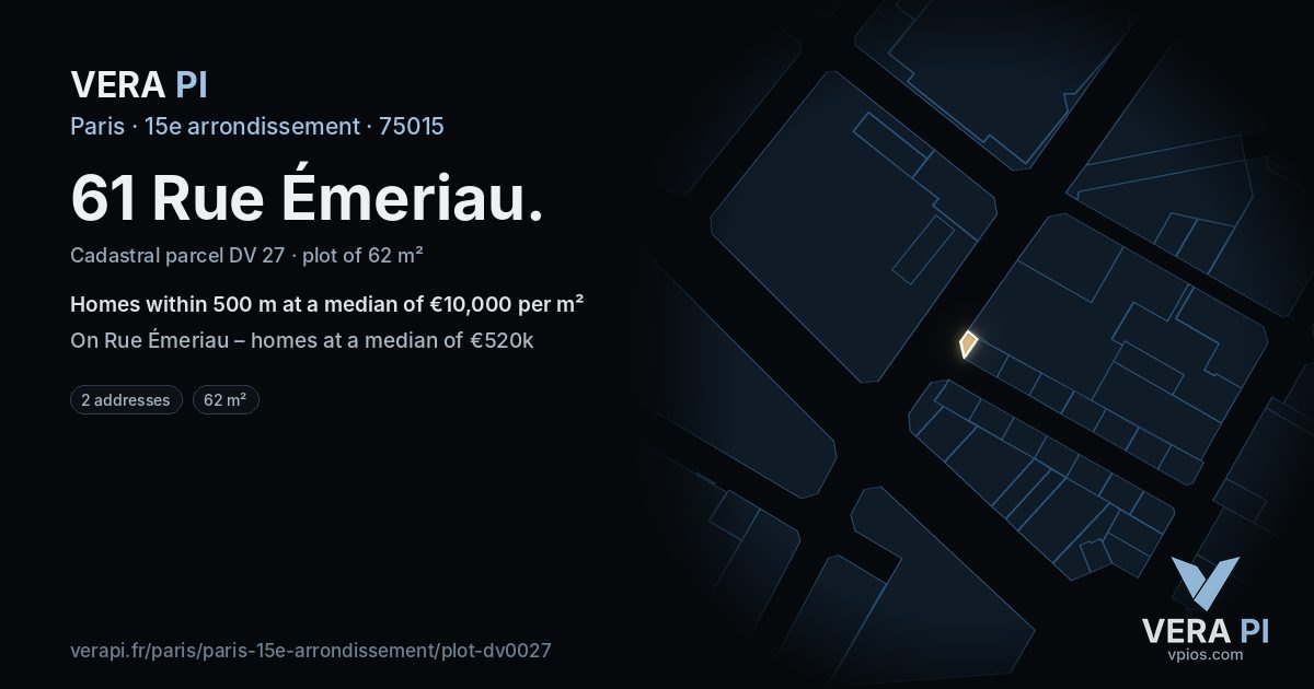 61 Rue Émeriau, 15e arrondissement at night – the plot lit, the parcels around coloured by the prices near them