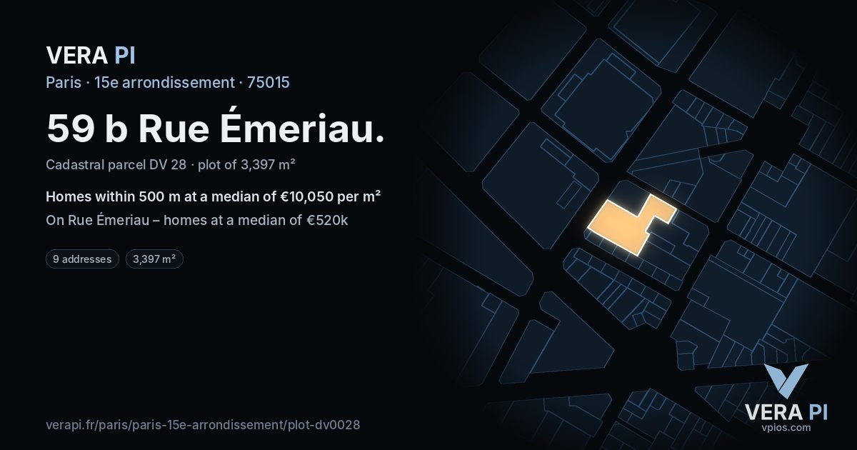 59 b Rue Émeriau, 15e arrondissement at night – the plot lit, the parcels around coloured by the prices near them