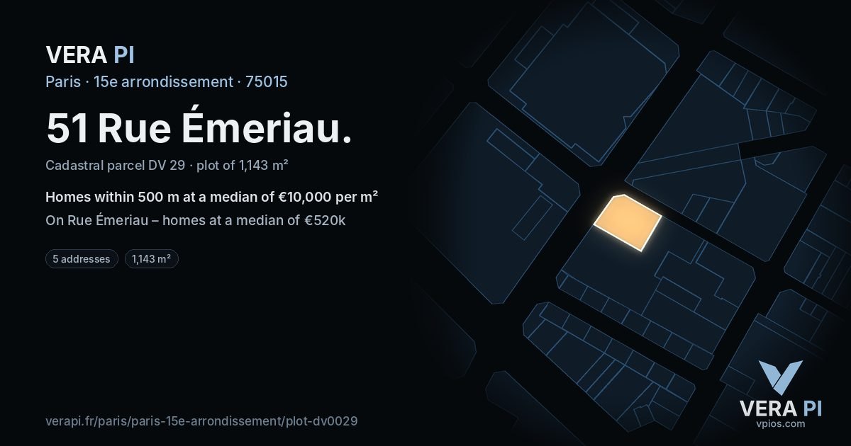 51 Rue Émeriau, 15e arrondissement at night – the plot lit, the parcels around coloured by the prices near them