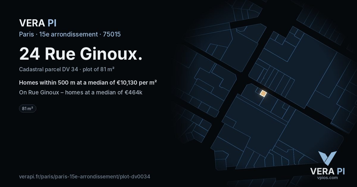 24 Rue Ginoux, 15e arrondissement at night – the plot lit, the parcels around coloured by the prices near them
